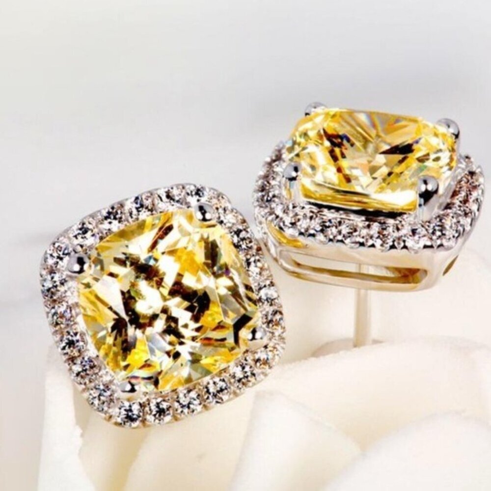 Yellow Cushion-Cut Stud Earrings With Crystal Halo In Silver-Toned Setting